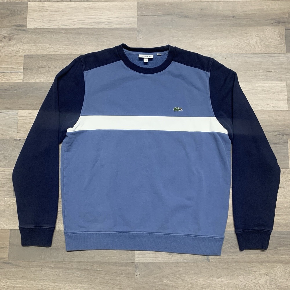 Lacoste Men's Crew Neck Blue Color Block Pullover Sweater 100% COTTON Size L